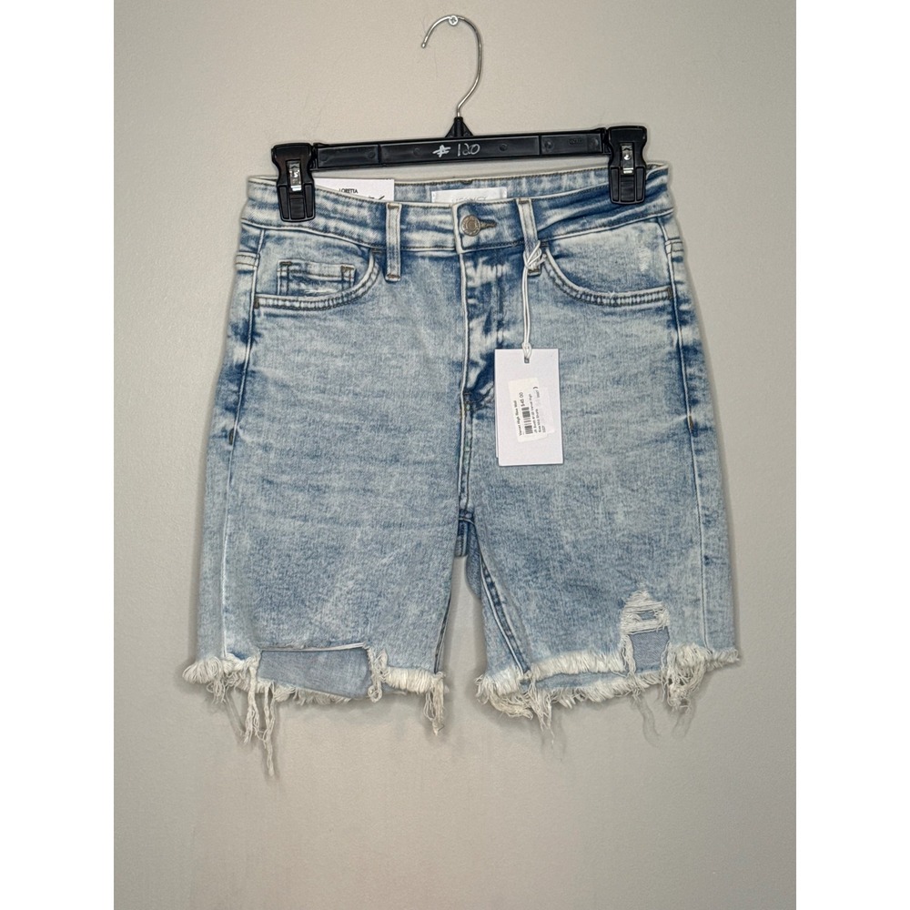 Vervet Loretta High Rise Distressed Denim Bermuda Shorts Light Wash Acid Size S